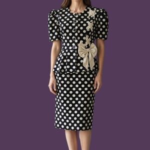 Vtg SUNSHINE STARSHINE 1980s Corduroy Polka Dot Bow Puff Sleeve Power Skirt Set